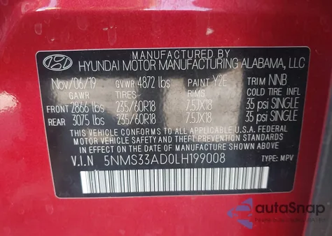 2020 Hyundai Santa Fe Sel from USA, damaged, VIN 5NMS33AD0LH199008